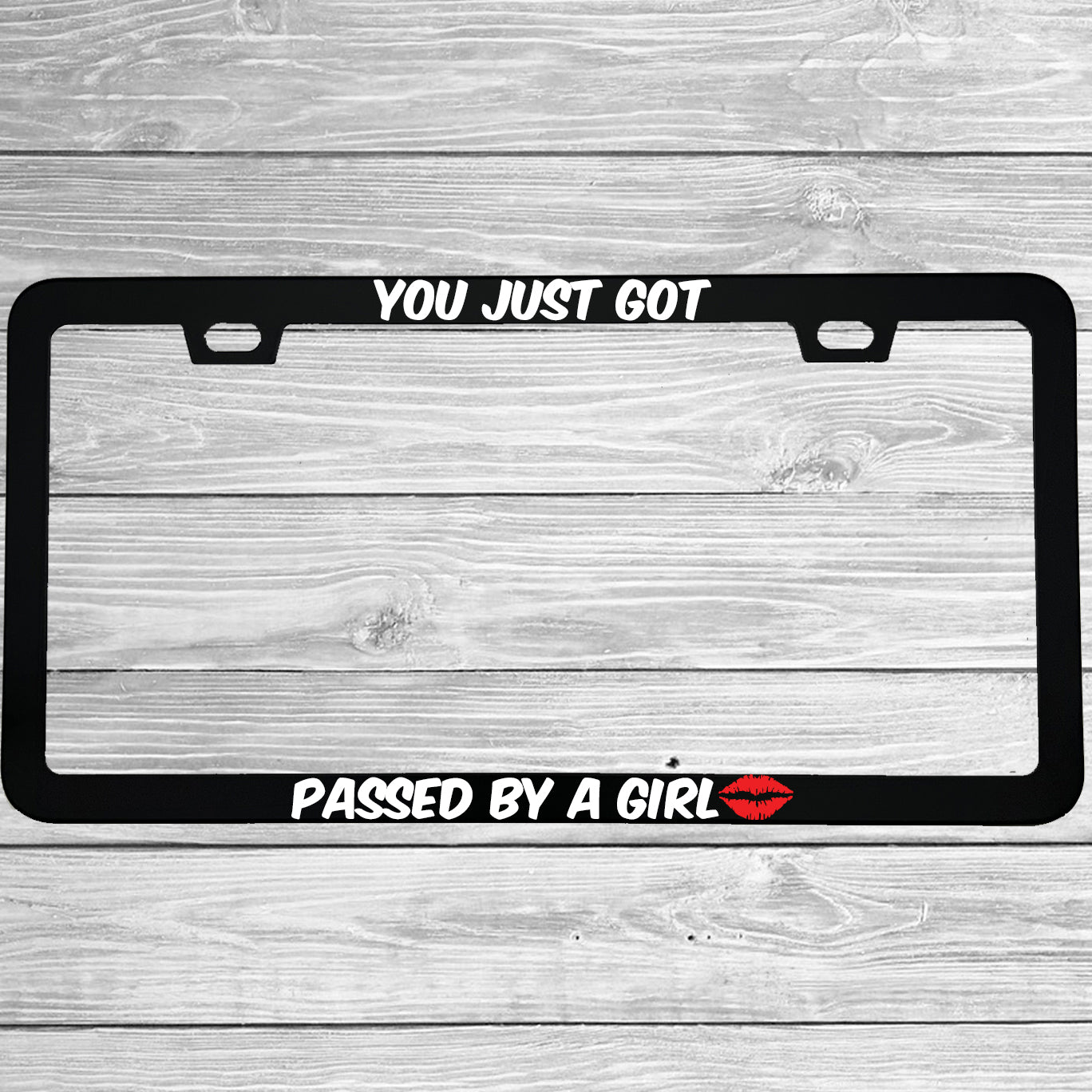 MCMP Customs aluminum license plate frame — features and quality detail infographic